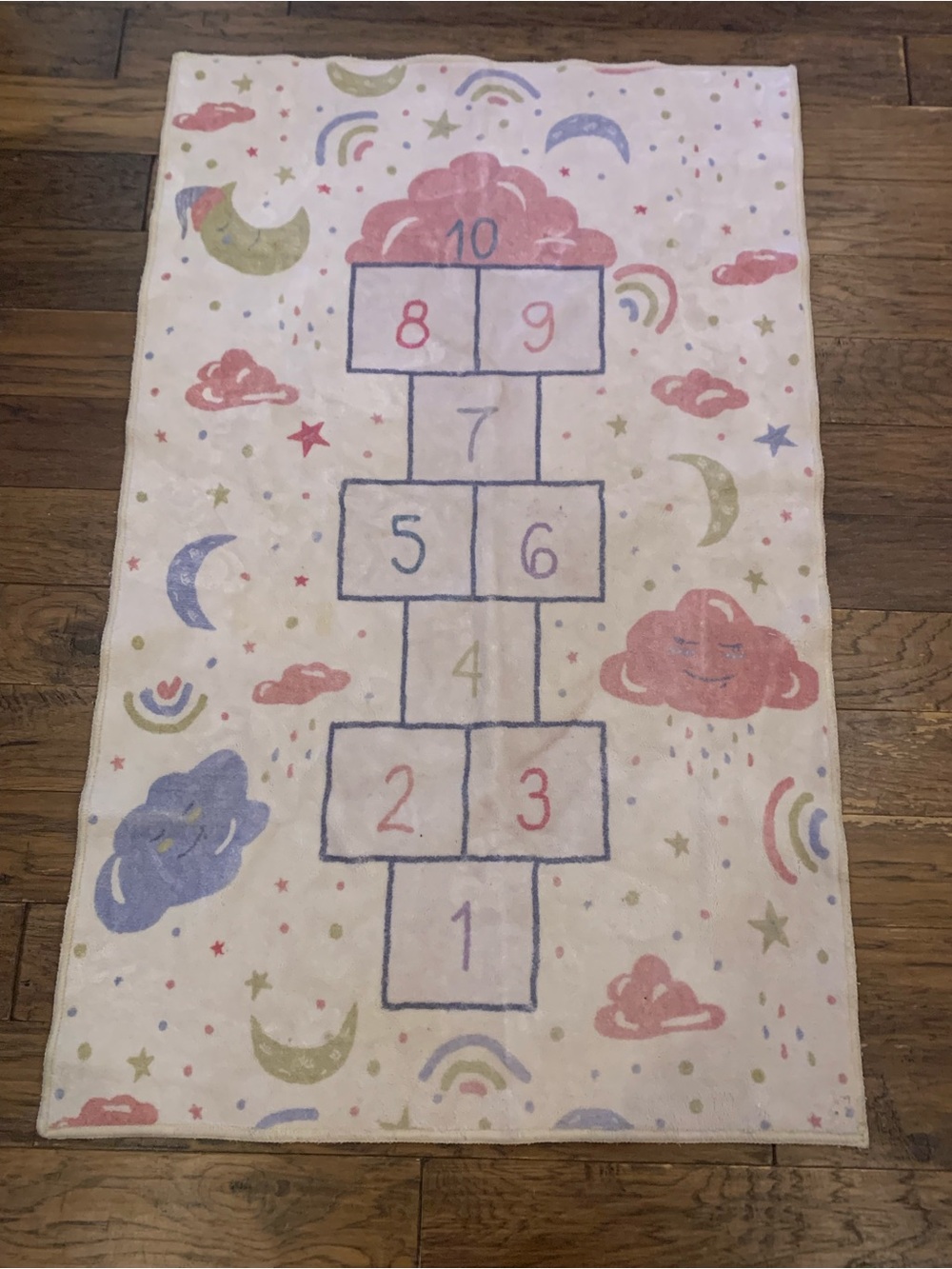 Kids Hopscotch Play Rug - Pastel Cloud & Rainbow Design 57”x35”